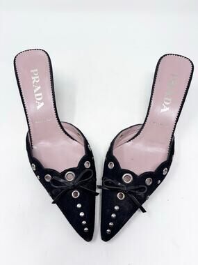 Prada Black Suede Studded Grommet Bow Pointed Toe Eyelet Mule Vintage Size 37